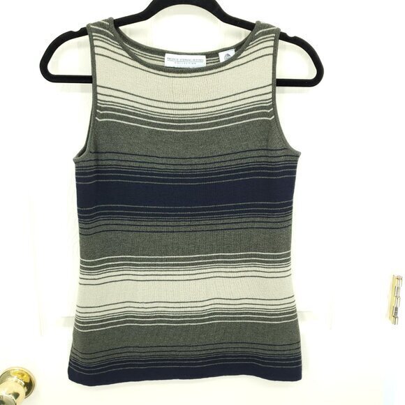 VTG 90s/2000s 100% Wool Knit Boat Neck Top PM Green/Cream/Black Stripe - Picture 1 of 16